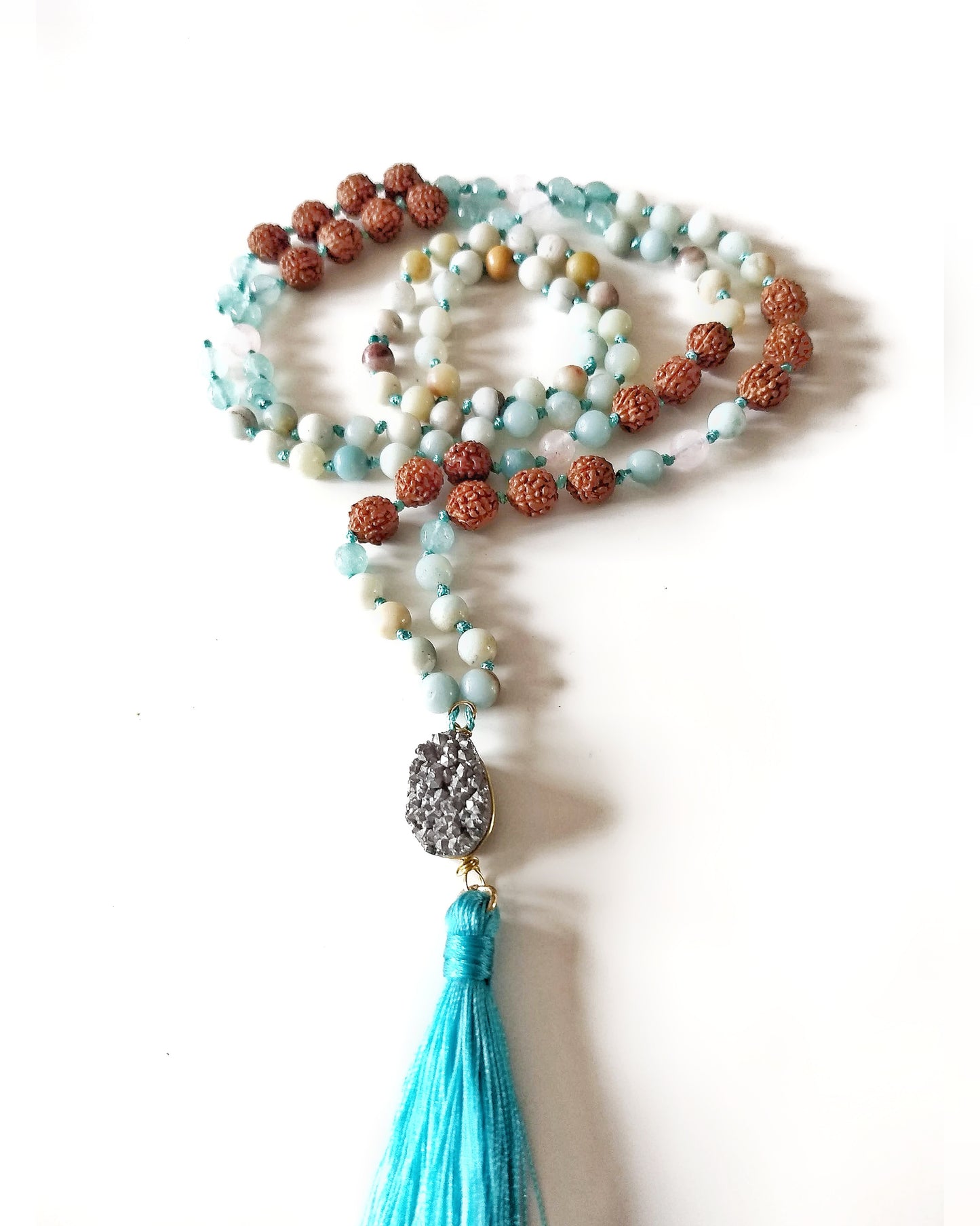 Mala amazonita y rudraksha y cuarzo rosa